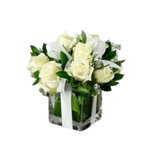 Σύνθεση σε γυάλινο κύβο με Τριαντάφυλλα 8Χ8Χ8 