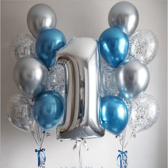 Σύνθεση Μπαλονιών Ασημί- Μπλε με έναν αριθμό  